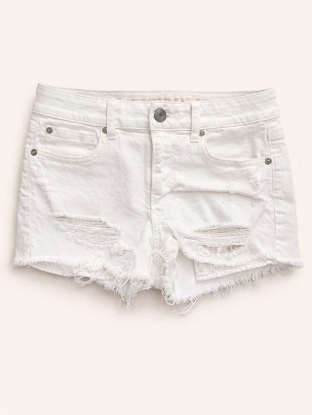 American Eagle Stretch Hi-Rise Shortie Shorts White Distressed Size 2